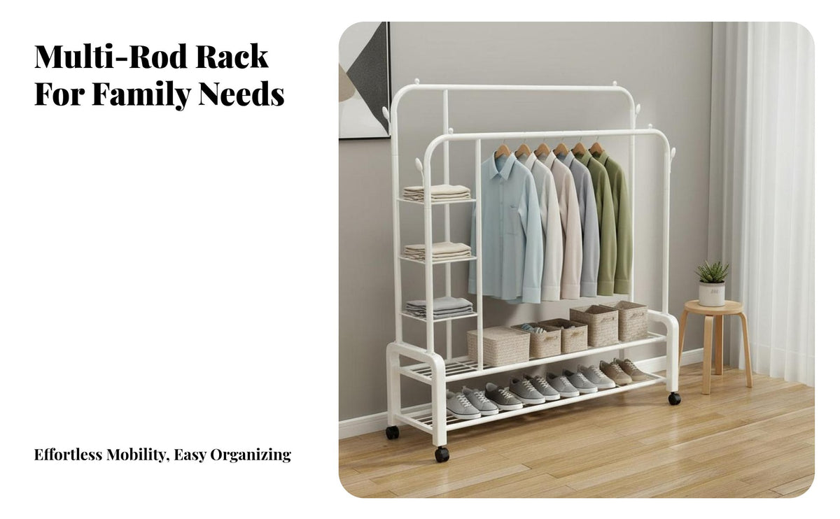 Easy Assembly Heavy Duty Garment Rack Large Capacity Freestanding Metal Garment Stand Multi-Purpose Double Rod Clothing Organizer Movable for Homeowners, Students, Renters, Balcony, Bedroom, Laundry Room, Entryway