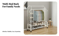 Easy Assembly Heavy Duty Garment Rack Large Capacity Freestanding Metal Garment Stand Multi-Purpose Double Rod Clothing Organizer Movable for Homeowners, Students, Renters, Balcony, Bedroom, Laundry Room, Entryway