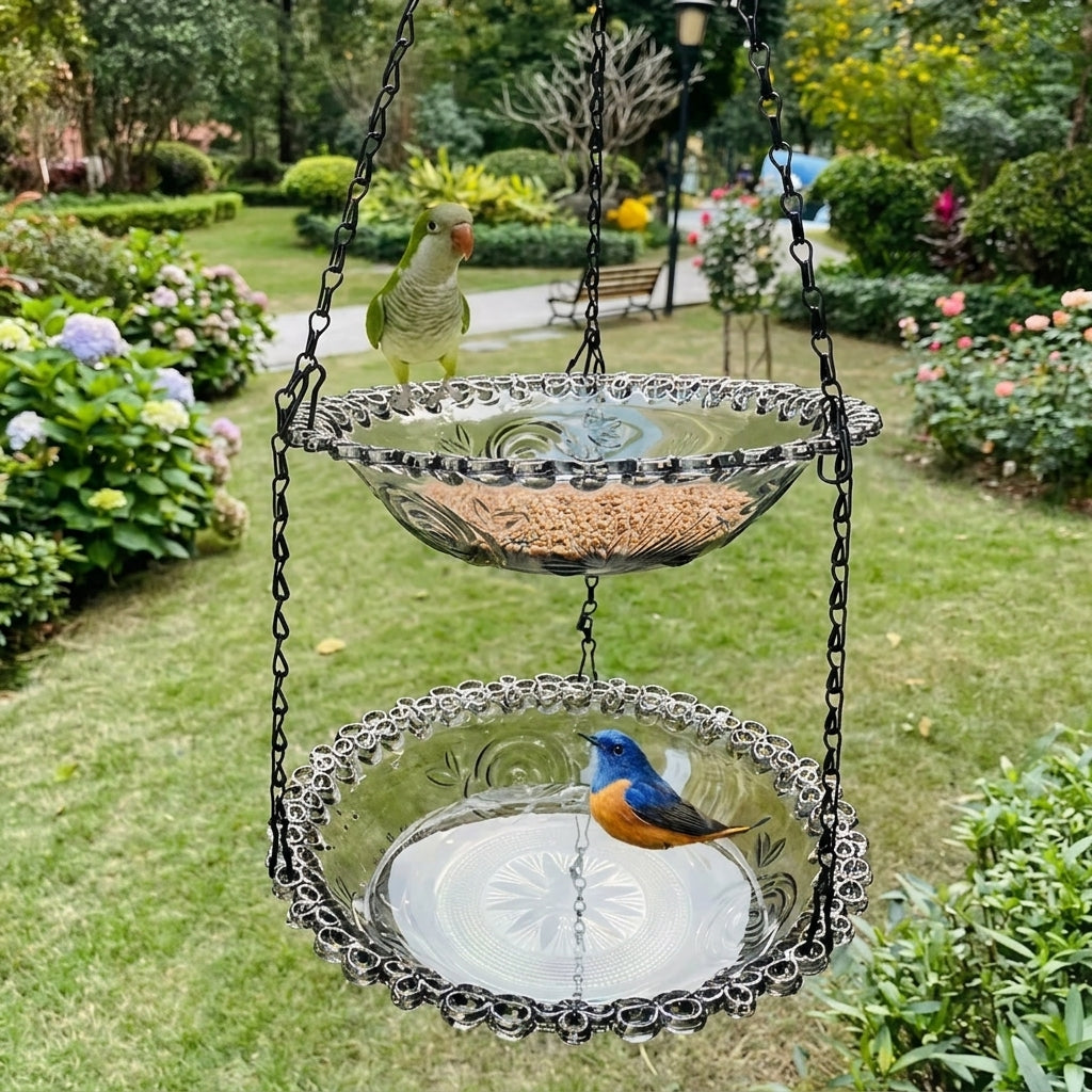 Hanging Tray Feeding Station, Double Layer Design with Chain, Outdoor Decor for Small Garden Birds and Wildlife