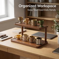 Wooden Desk Shelf Organizer, 2 Tier Display Shelf for Cups, Small Desk Storage Rack for Home Office, Desktop Display Shelf
