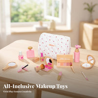 Kids Makeup Bag Set Pink and Tones Wooden Pretend Makeup Kit Smooth Edges Play Cosmetics Kit