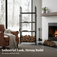 Multi-Tier Log Storage Cart Rust-Resistant Finish Rolling Firewood Rack Large Capacity Firewood Rack Tool Holder for Outdoor, Patio, Fireside