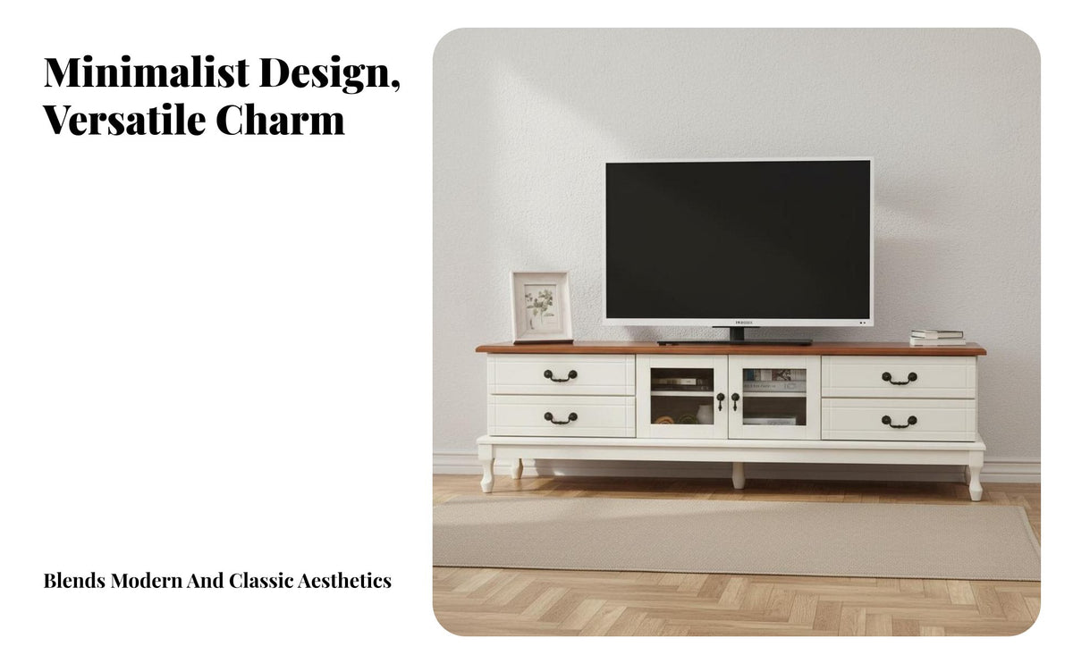 Solid Wood TV Stand Sturdy Design TV Stand with Storage Cable Management Hole Wooden Media Cabinet with Storage for Small Apartment Dwellers, Bedroom