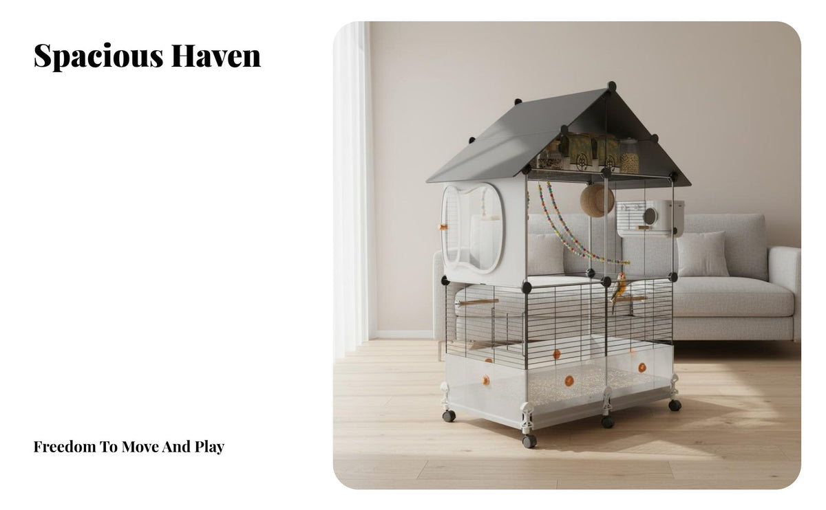 Anti-Splash Design Large Bird Villa Easy to Clean Multi-Level Parrot House Pull-out Tray Indoor Bird Aviary Multiple Entry Doors for Parrots, Cockatiels, Budgies, Home Use