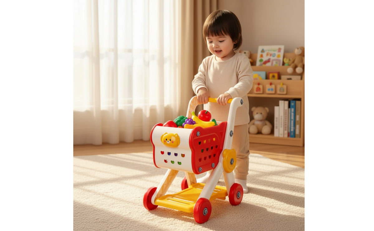 Role-Playing Toy Shopping Cart Toddler-Sized Play Shopping Cart Imaginative Trolley Smooth Rolling for Toddlers, Kids, Playroom