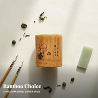 Bamboo Pen Holder Carving Round Bamboo Organizer Chinese Design Stationery Holder for Calligraphers, Artists, Study Room