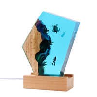Underwater Ocean Night Light with Acrylic Panel Decorative 3D Night Light with Wood Base Ambient Lamp with Wooden Base Stylish for Bedroom, Desk, Living Room