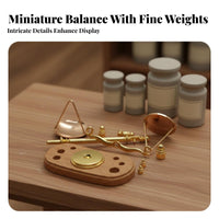 Realistic Design Miniature Balance Scale Metal Construction 1:12 Scale Weighing Model Wooden Base Toy Accessory Gold Finish for Collectors, Hobbyists, Kids, Miniature Scene, Office
