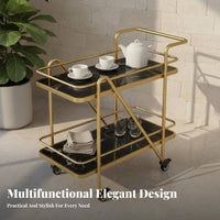 Wrought Iron Frame Mobile Serving Cart on Wheels 360° Swivel Casters Kitchen Serving Trolley on Wheels Easy Mobility 2-Tier Rolling Trolley Versatile Use for Restaurant Team, Party Hosts, Home Entertainers, Hotel, Dining Room, Parties