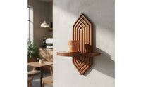 Geometric Design Walnut Wood Wall Decor Shelf Space-Saving Wood Wall Planter Shelf Handmade Look Sturdy for Living Room, Bedroom, Entryway