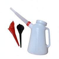 Clear Measurement Markings Engine Oil Filling Container Large Capacity 5L Oil Measuring Can Ergonomic Handle Plastic Fluid Measuring Container Includes Funnels for Car Owners, DIYers, Garage, Workshop