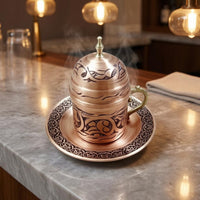 Handmade Copper Coffee Cup Set Engraved Turkish Coffee Cup Floral Pattern Drinkware Saucer