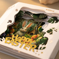 Easter Basket Spring-up 3D Greeting Intricate Papercraft Bunny Basket Greeting Card Cut Details for Children, Families, Gift Giving, Gifting, Parties