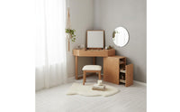 Corner Vanity Desk with Mirror Space-Saving Triangular Makeup Table Set Built-in Storage Hinged Lid Vanity with Side Cabinet for Small Apartment