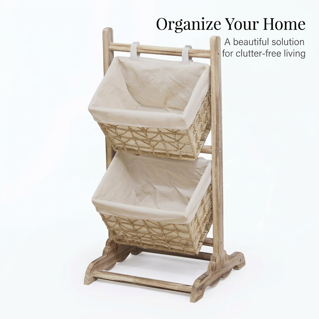 Wooden Ladder Shelf with Woven Baskets, Freestanding Organizer Bin for Book Storage, Toy Storage, Home Office