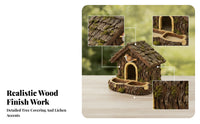 Wood-Bark Look Hanging Birdhouse Feeder Twin-Compartment Rustic Bird Feeder Arched Opening Wooden Birdhouse Pitched Roof for Tree, Outdoor Display