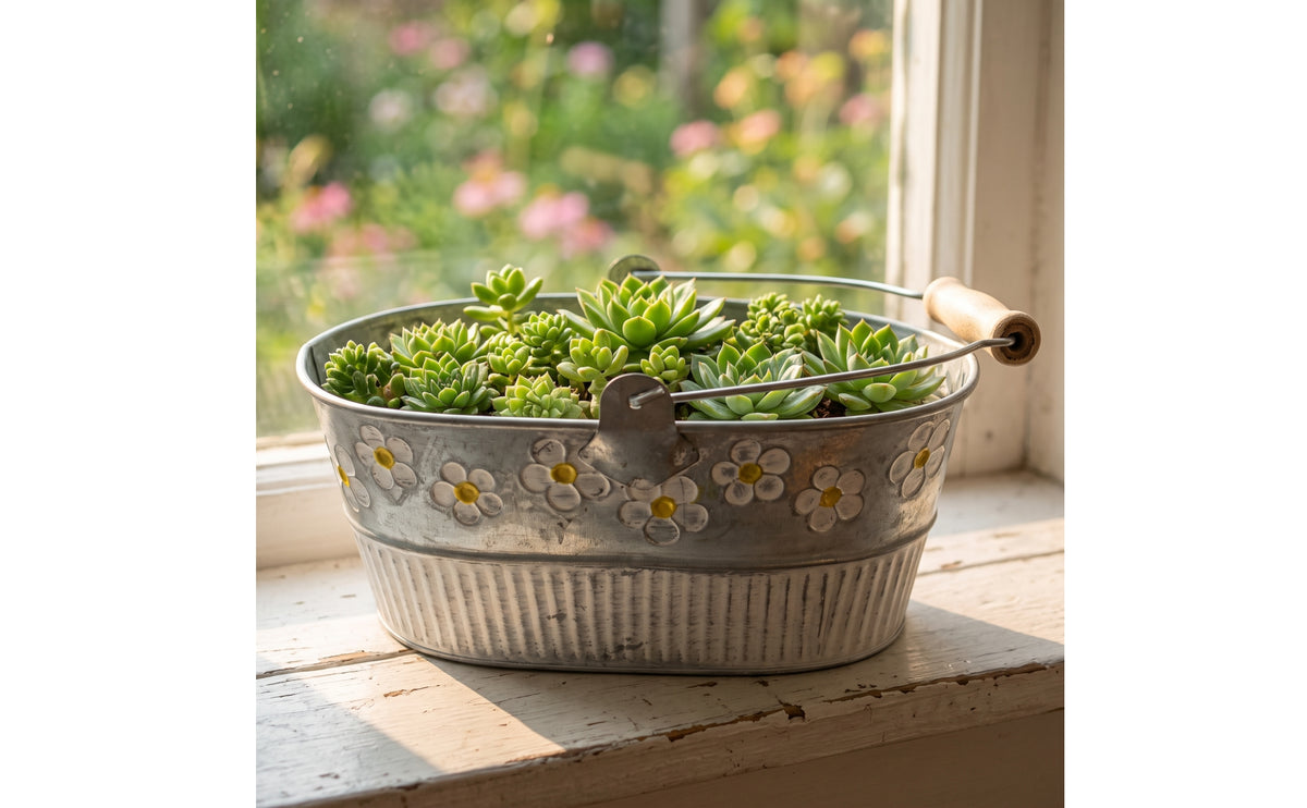 Galvanized Iron Planter with Handles Rustic Oval Metal Planter Embossed Floral Metal Plant Pot with Handles for Balcony