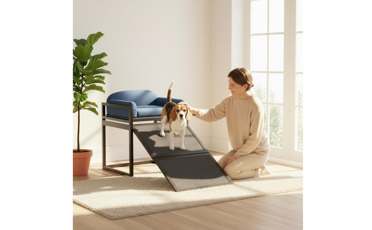 Bedside Pet Companion Chair Sturdy Metal Frame Dog Steps Bed All Seasons Raised Pet Sofa with Ramp for Bedroom