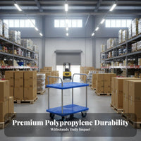 Double Deck Push Cart High Load Capacity Base Trolley with Guardrails Heavy Duty Warehouse Transport Trolley for Factory Workers, Workshop, Garage