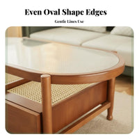 two-level Oval Glass and Rattan Stand Nordic Design Coffee Table Space-Saving Rounded Edges for Living Room, Lounge Area, Office