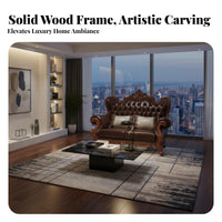 European Design Living Room Sofa Double-Sided Carving Ornate Solid Wood Sofa Elegant Design American Design Leather Couch for Hotel Owners, Adults