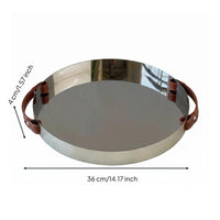 Leather Handled Tray Stainless Steel Mirrored Tray Shallow Rim Serving Platter for Tabletop Display