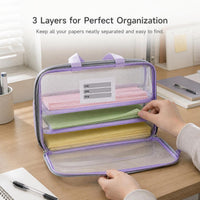 Thickened L-Shaped Mesh Zipper File Bag with Handle for Students, Large Capacity Document Organizer