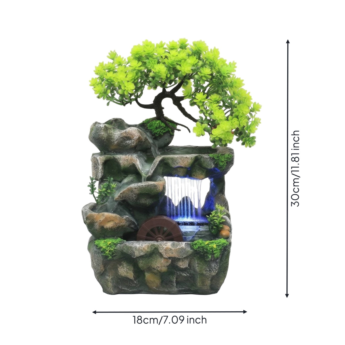 Desktop Fountain with Waterwheel Bonsai-Style Tabletop Water Fountain Indoor Waterfall Stone-Look Compact for Desk, Office