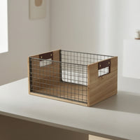Wire Storage Basket with Wooden Handles OpenWire Mesh Top Basket with Wooden Handles Rectangular for Shelf, Desk, Pantry