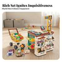 57 Pieces Realistic Design Kids Grocery Shop with Shopping Cart Rich Accessories Kids Grocery Shop Playset Educational Toy Checkout Counter with Scanner Sturdy Construction for Preschoolers, Toddlers, Parents, Playroom, Daycare, Birthday Parties, Home
