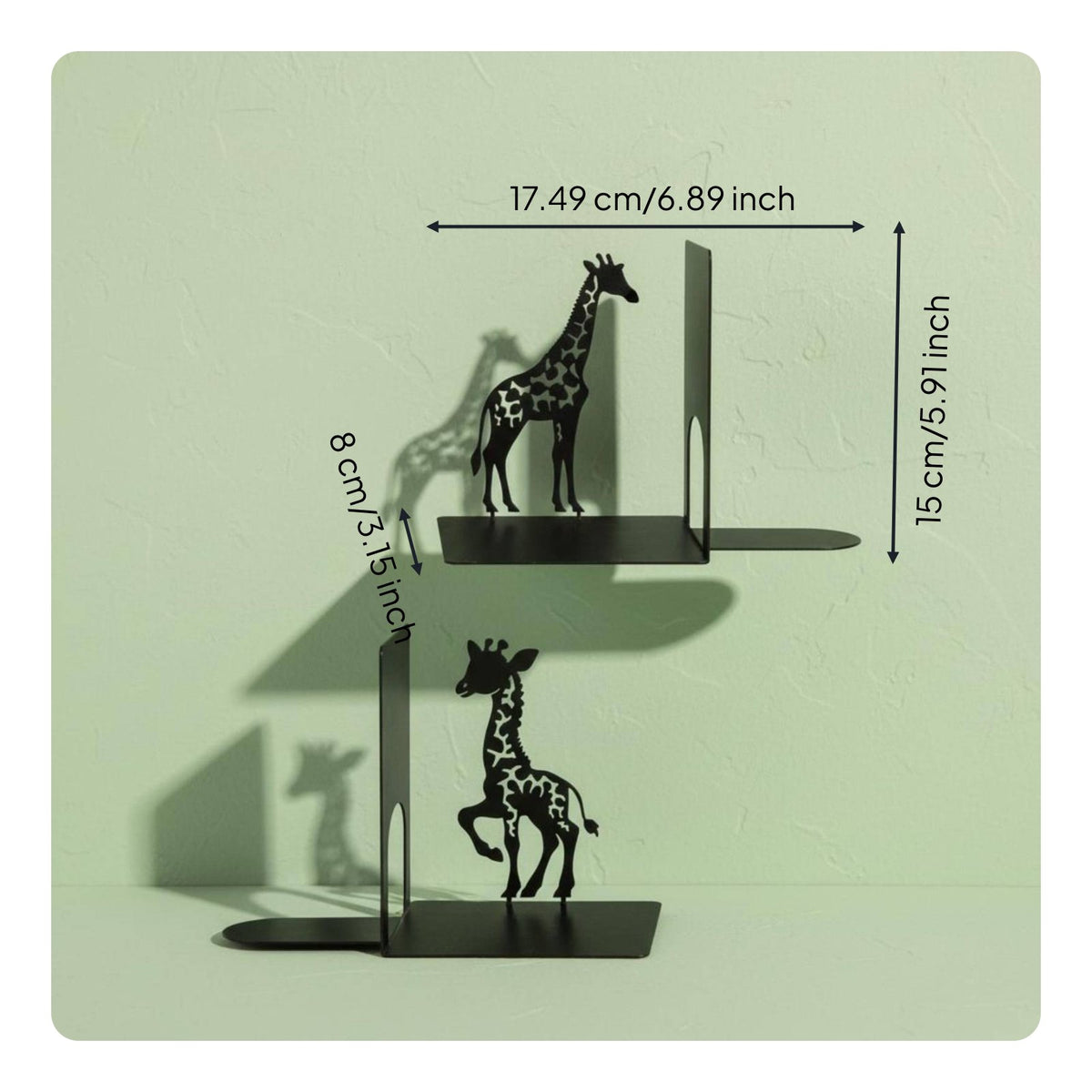 2 Pieces Giraffe Bookend Creative Design L-Shaped Book Support Wrought Iron Animal Bookends for Students, Kids, Bedroom, Library, Classroom