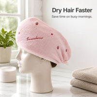 Strawberry Embroidered Quick-Dry Hair Turban, Thick Coral Fleece Absorbent Hair Drying Cap