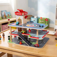 Elevator Lift Wooden Toy Car Garage Printed Road Markings Wooden Parking Garage Open Arch Entrances for Children