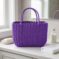Large Plastic Woven Storage Basket with Handles for Shopping, Groceries, and Organization