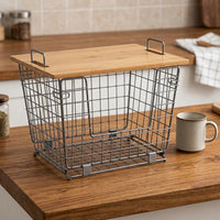 Wire Basket for Fruit & Vegetable Storage, with Bamboo Lid, Minimalist Design