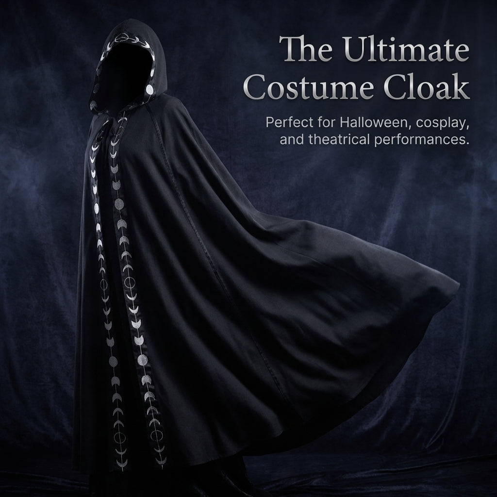 Hooded Cape Witch Cosplay Accessories, Halloween Cosplay Performance Cloak, Moon Phase Embroidery Hooded, Four-Way Stretch Stage Costume