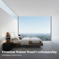 Leather Headboard Bed Mortise and Tenon Joinery Solid Wood Bed Frame Heavy Duty Support