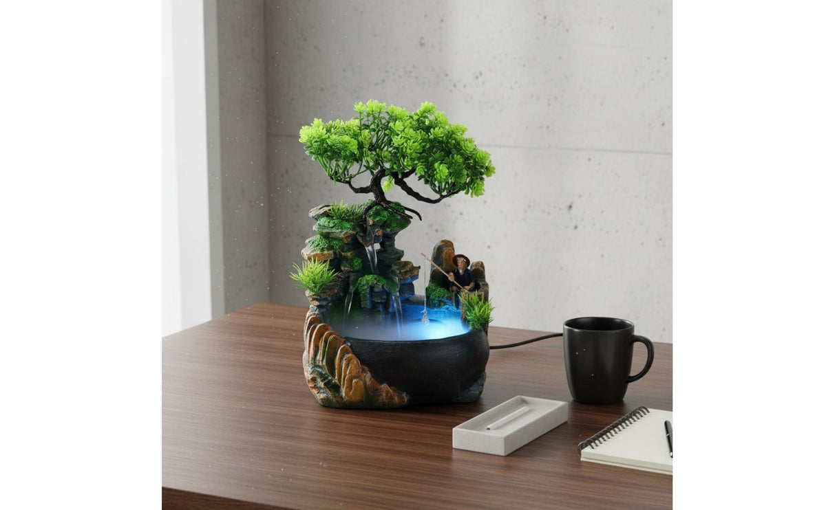 Quiet Operation Rockery Waterfall Fountain Nature Inspired Feng Shui Desktop Fountain Semi-Handmade Feng Shui Water Ornament for Meditation Practitioners, Office, Living Room, Mindfulness Studio