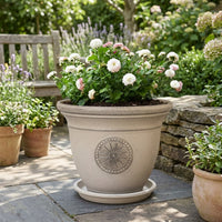 Plant Pots and Flower Pots, Round Embossed Resin Planter with Saucer, Heavy Duty Outdoor Planter for Garden Decor and Floor Standing Home Decor
