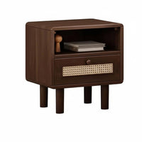 Retro Aesthetic Nightstand with Rattan Drawer Minimalist Design Rattan Front End Table Ample Storage Household Furniture Raised Legs for Homeowners, Renters, Students, Bedroom, Small Areas, Guest Room, Apartment