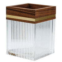 Acrylic Makeup Brush Holder Multi-Functional Square Vanity Brush Cup Elegant Design Walnut Wood Cosmetic Organizer for Office Desk, Washroom Counter