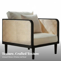 Nordic design Rattan Panel Sofa Wabi-Sabi Aesthetic paded Rattan Sofa Minimalist Design Lounge Seating Includes pads for Guesthouse Owners, Apartment Dwellers, Living Room, Small Spaces, Reception Area, Sunroom