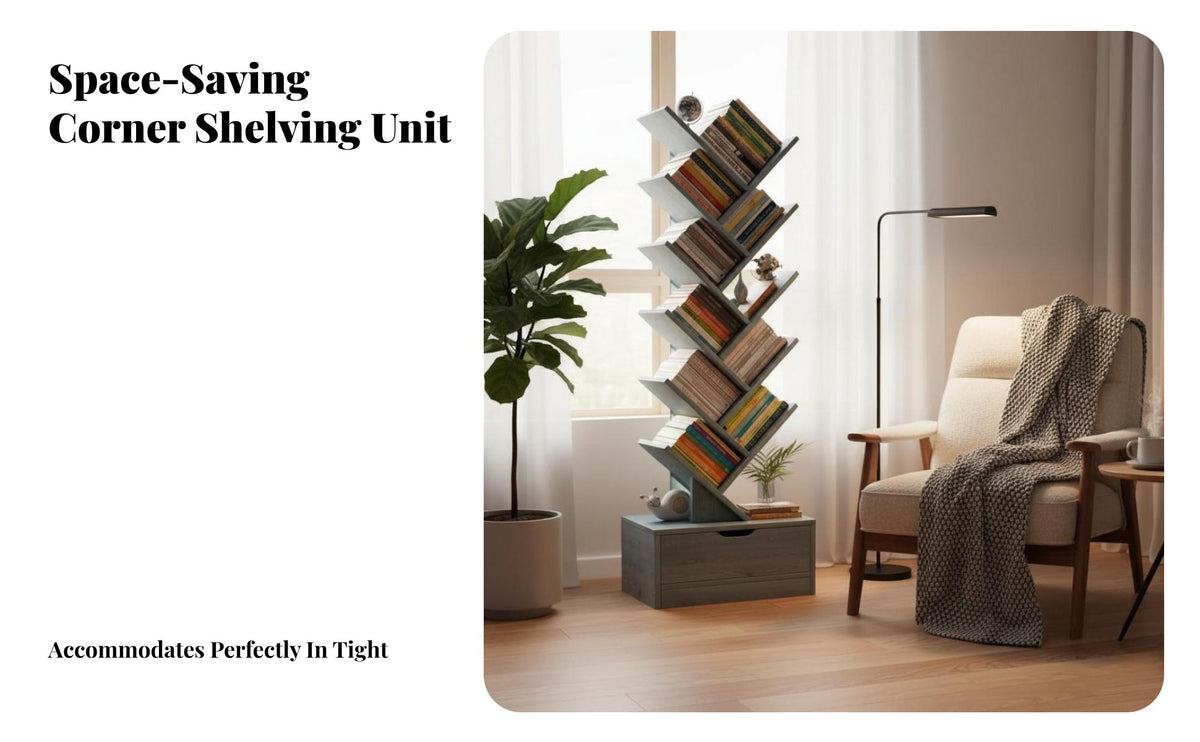 Tree Shaped Bookshelf Space-Space-Efficient Tree Bookshelf Stable Structure Floor Standing Bookcase for Students, Homeowners, Living Room, Small Areas