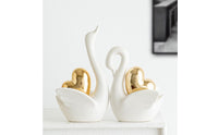 Tall and Short Set Ceramic Swan Figurine Gold Accent Ceramic Swan Decor Matte Decorative Ornament Pair for Living Room, Entryway, Wine Cabinet