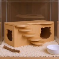Stepped Platform Hamster Hideout House Natural Wood Wooden Hamster House Polished Finish Bear Cutout Hideout Rounded Edges for Enclosure Interior