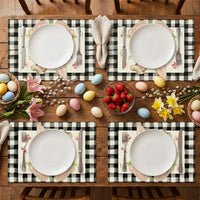 Set of 4 Easter Placemats, Rustic Checkered Bunny Table Mats, Washable Fabric Dining Table Decorations for Spring Holiday Kitchen Home Party