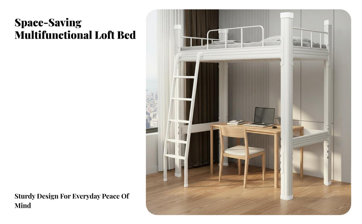 Metal Workstation Loft Bed Space-Saving Elevated Bed Bed with Desk and Wardrobe Multi-Functional Bedroom Furniture for Students, Teens