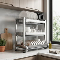 Stainless Steel Dish Rack and Draining Rack, Space Saving Kitchen Dish Rack with Drip Tray, Kitchen Storage with Built-in Cup Holder