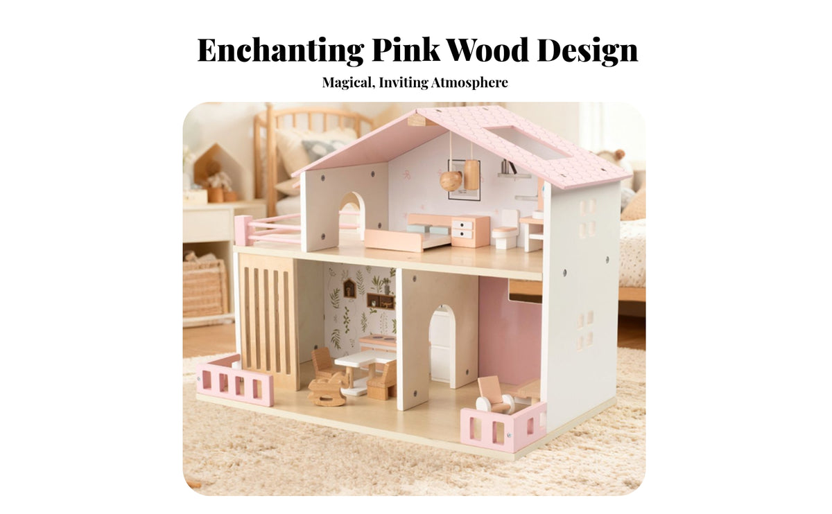 Wooden Dollhouse Balcony Railings Two-Story Dollhouse Realistic Details Children's Play Home