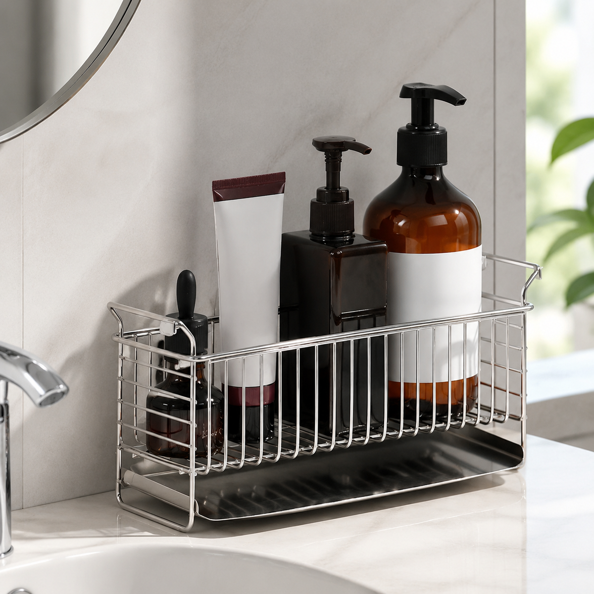 Shower Caddy, Rustproof Stainless Steel Bathroom Shelves, No-Drill Polished Shower Shelf, Silver Shower Storage for Compact Bathroom